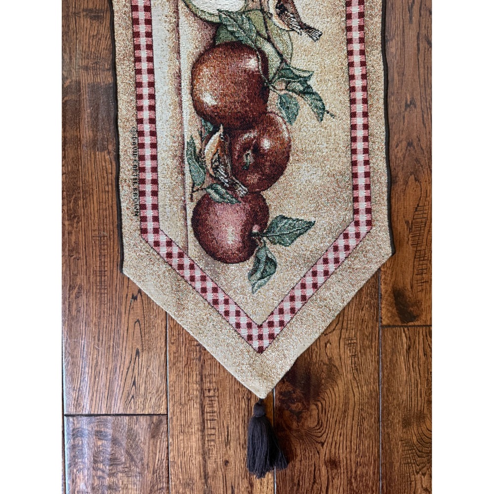 David Carter Brown Apple Bird Tapestry Table Runner 12"x72" Gingham Farmhouse